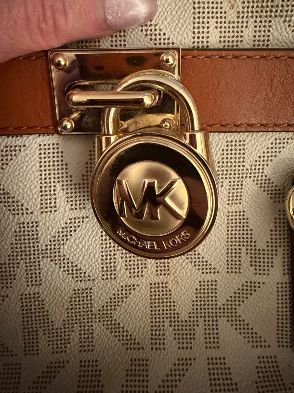 Michael Kors Hamilton Tote Cream & Tan Logo leather Satchel with Gold Hardware - Picture 9 of 9